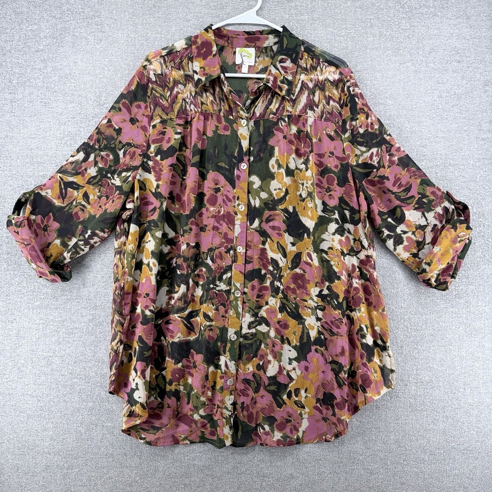 Fig and Flower Tunic Top Women Size 2X Floral Roll Tab Button Up Casual